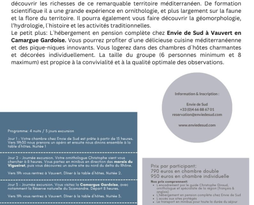 Séjour orntihologique Camargue avec Enviedesud programme et tarif